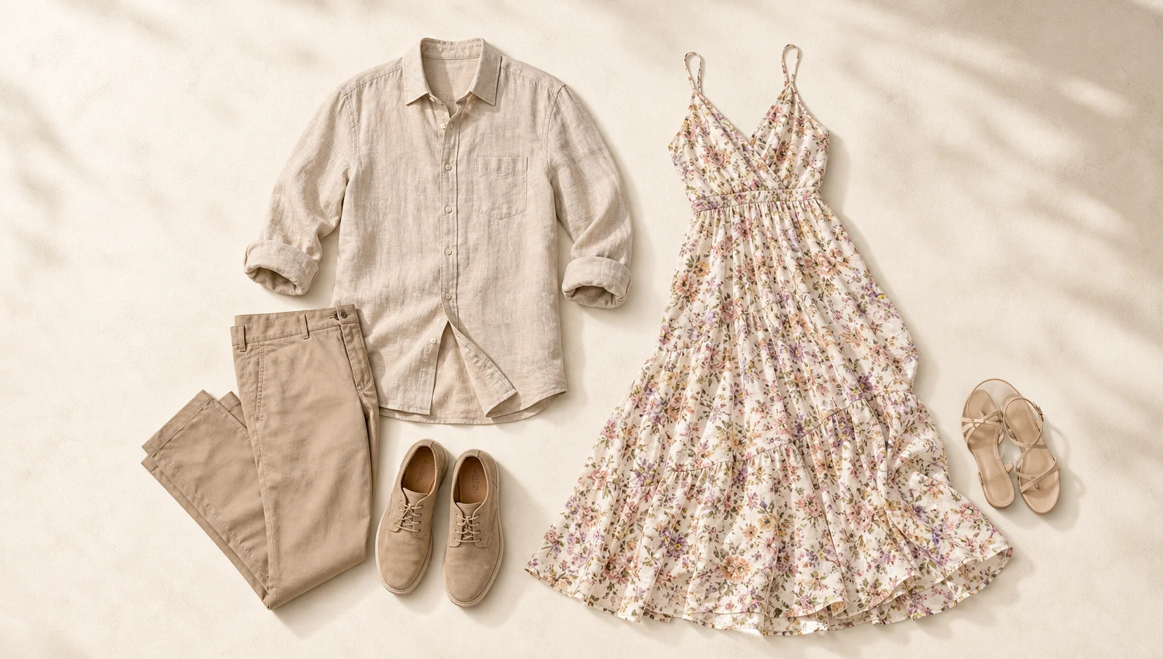Outfit ideas for couple sitting close in alpine meadow wildflowers at golden hour engagement photos