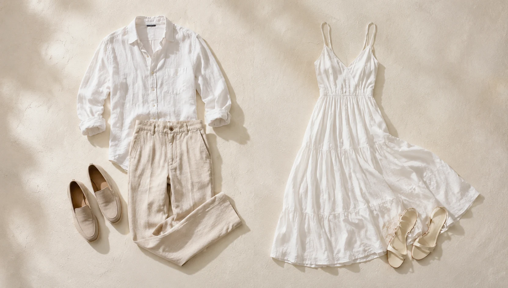 Outfit ideas for morning slow dance in alpine meadow with white linen outfits engagement photos