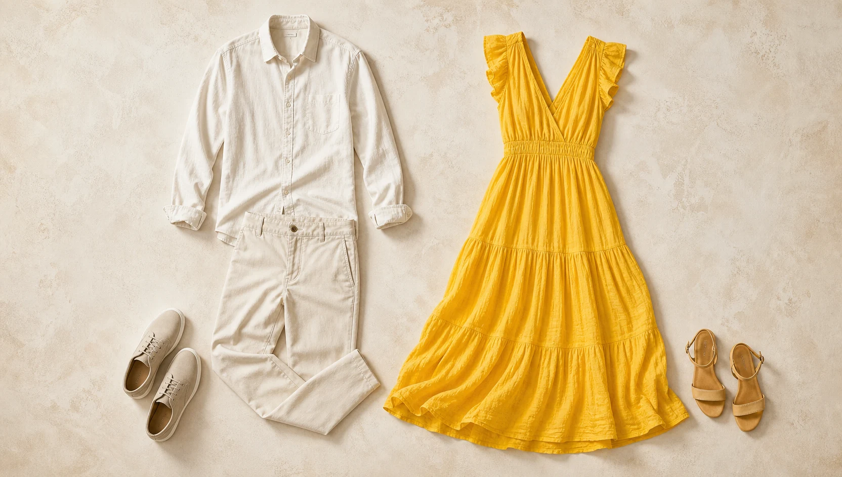 Outfit ideas for bright dress contrast against overcast alpine sky while looking at horizon engagement photos