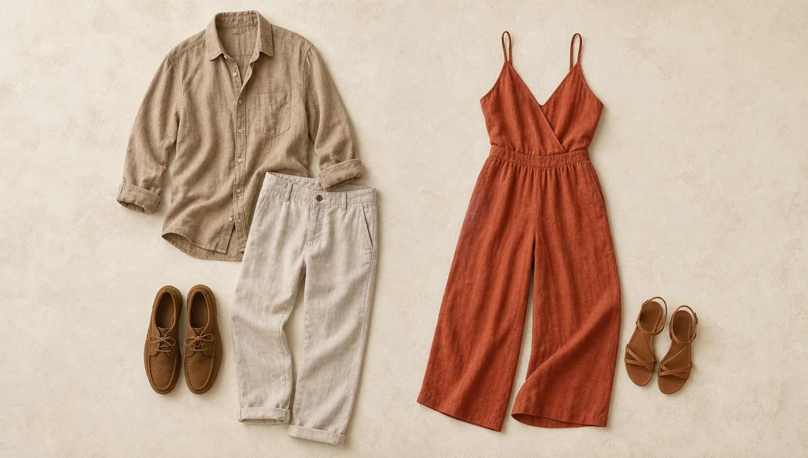 Outfit ideas for hand-in-hand gaze at dusk horizon engagement photos
