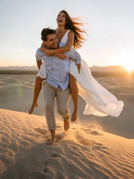 Couple piggyback running on sand dunes at golden hour, white dress flowing, engagement photos.