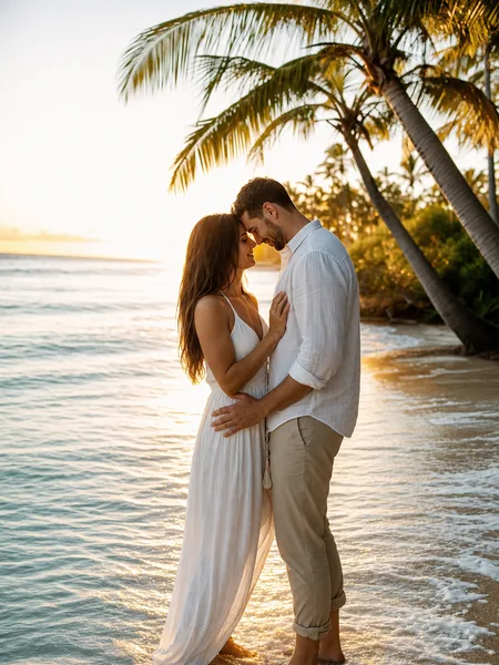 Engagement photos of a couple with foreheads touching on a palm-lined beach during golden hour, white maxi dress, backlit by warm sun, shallow water.