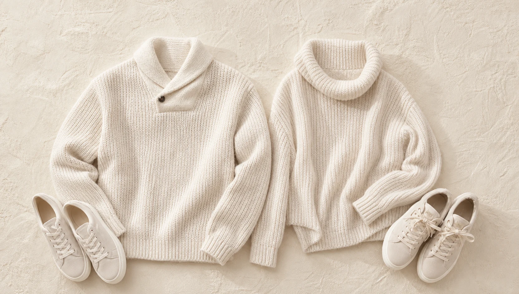 Outfit ideas for cozy bench cuddle in white sweaters and snow engagement photos