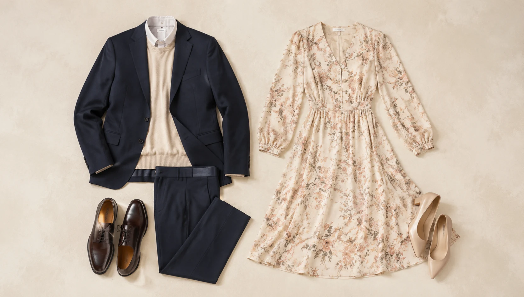 Outfit ideas for chic blazer couple descending sunlit stairs engagement photos