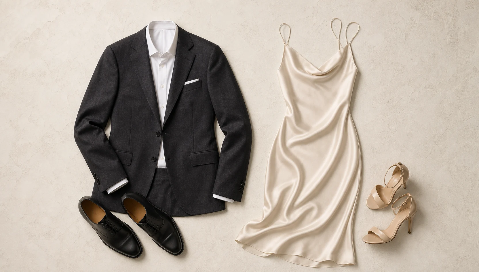 Outfit ideas for forehead touch against a glittering skyline at blue hour engagement photos