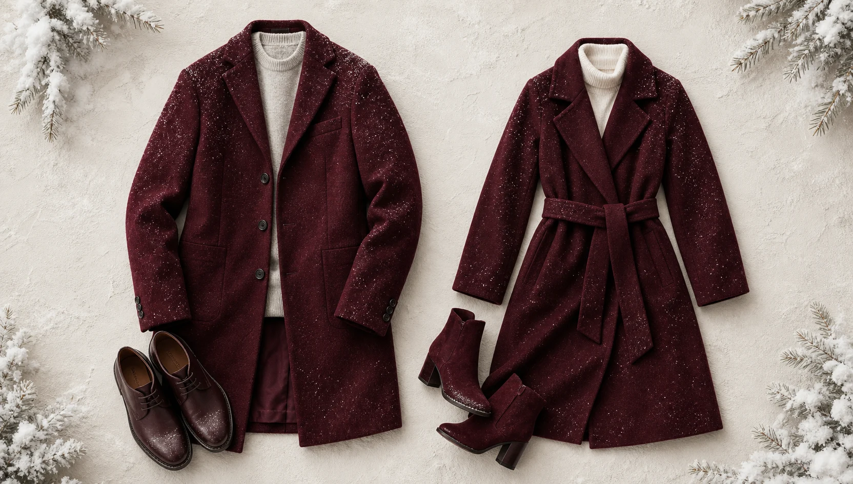 Outfit ideas for candid laughter in burgundy on soft snow engagement photos