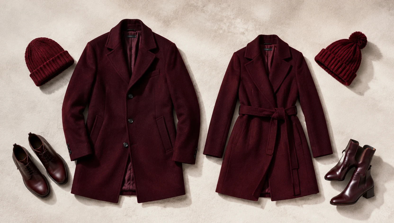 Outfit ideas for candid laughing with fresh snow in burgundy engagement photos