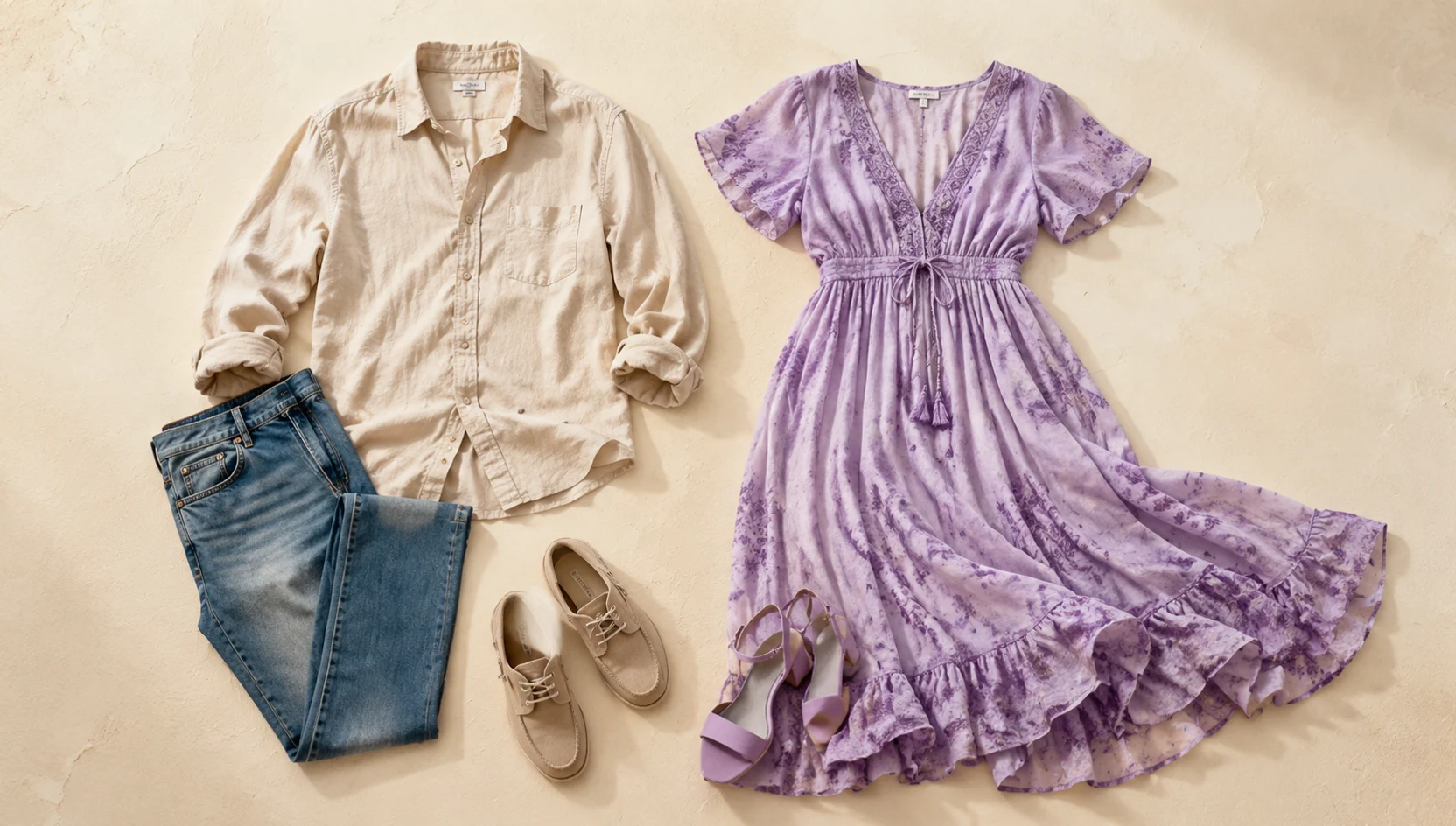 Outfit ideas for candid laughter as sunset spills through wildflowers engagement photos