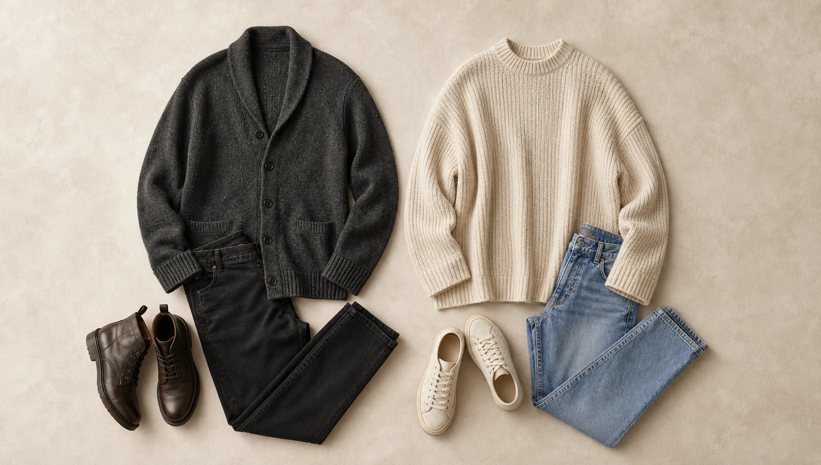Outfit ideas for cozy couple strolling through a moody café engagement photos
