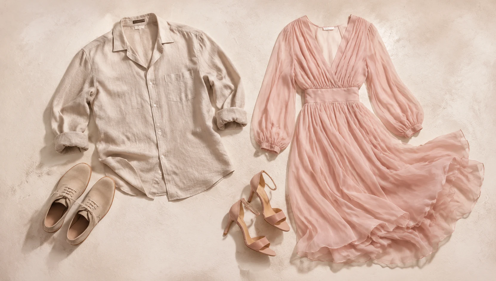 Outfit ideas for forehead touch under pink canopy in morning light engagement photos