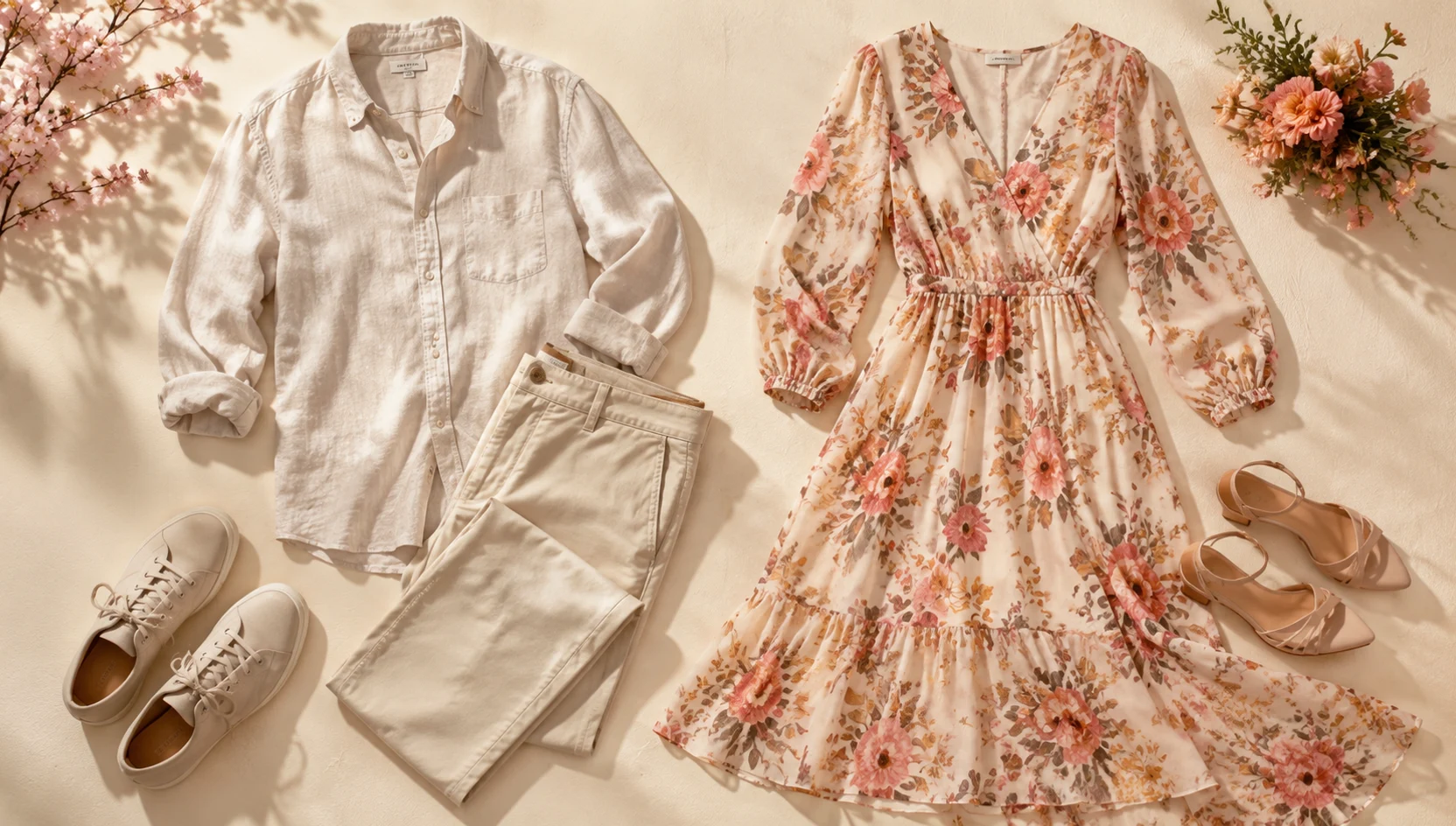 Outfit ideas for back to the horizon under cherry arches engagement photos