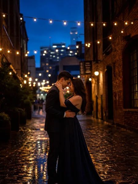 Couple in formal wear touching foreheads in a brick alley with string lights at blue hour, engagement photos.