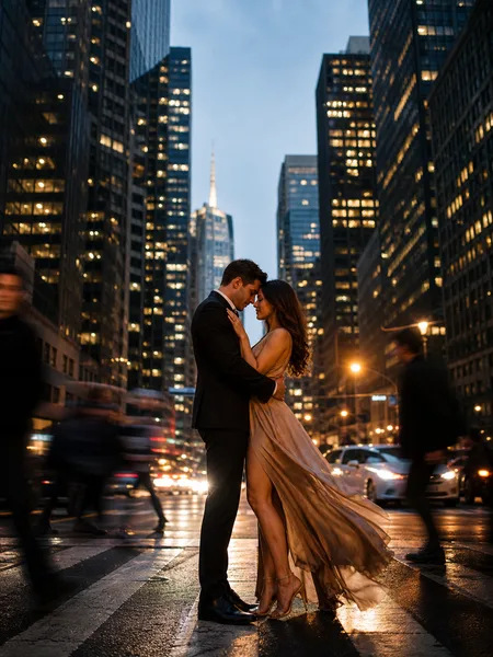 Engagement photos: Couple in formal attire touching foreheads on a busy city crosswalk at blue hour, with blurred traffic and glowing skyscrapers behind.