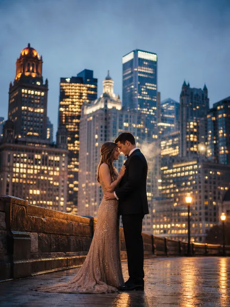 Couple in formal attire touching foreheads on park bridge with illuminated city skyline at blue hour engagement photos