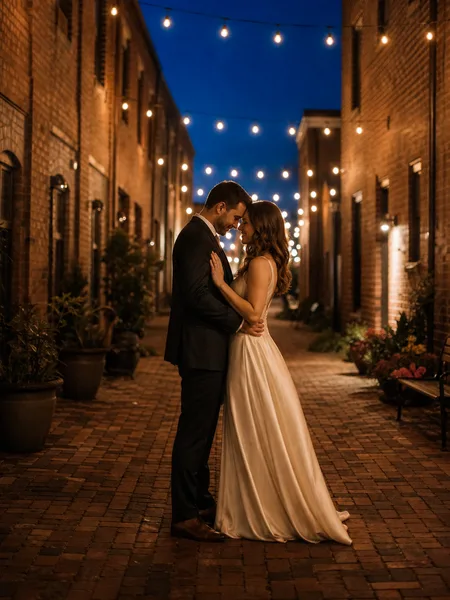 Couple touching foreheads in formal wear, brick alley with string lights, blue hour glow, engagement photos
