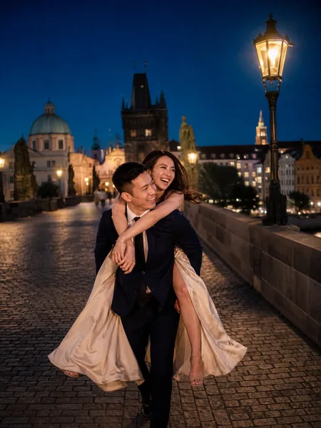 Man carrying woman piggyback on a bridge, city lights and twilight sky behind, engagement photos