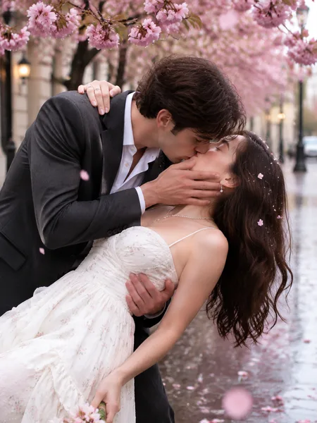 Couple performing a gentle dip kiss on a wet city street under overcast light, cherry blossoms overhead, engagement photos.