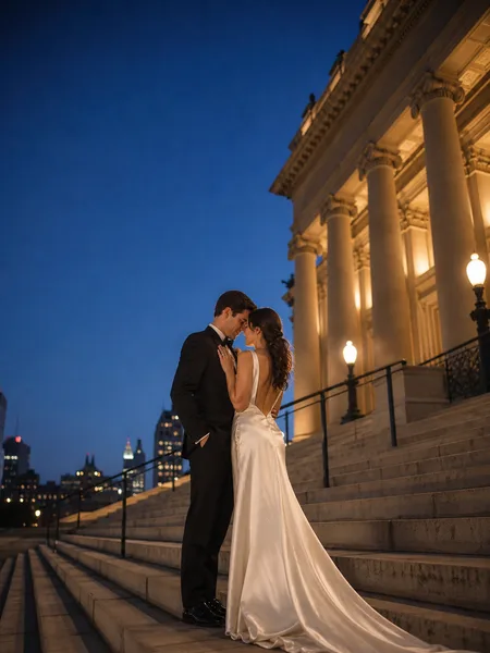 Couple in formal attire sharing a forehead touch on a grand staircase during blue hour with city lights behind, engagement photos