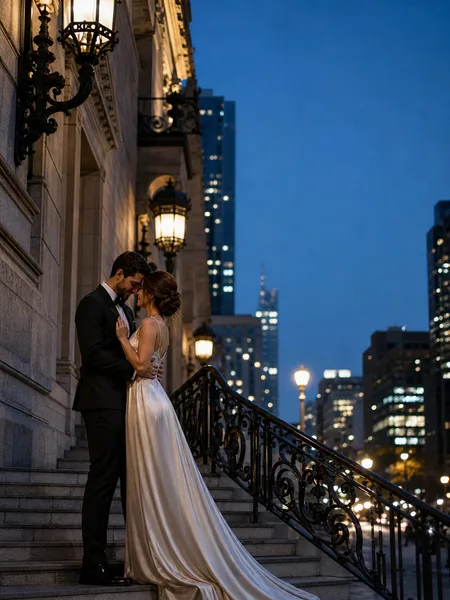Couple in formal attire touching foreheads on a grand staircase at dusk with city lights in the background, engagement photos
