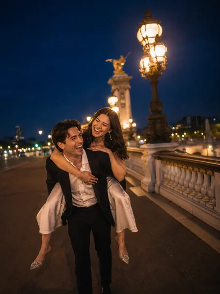 Bride-to-be giving a piggyback ride on partner across historic bridge at blue hour with city lights, engagement photos.
