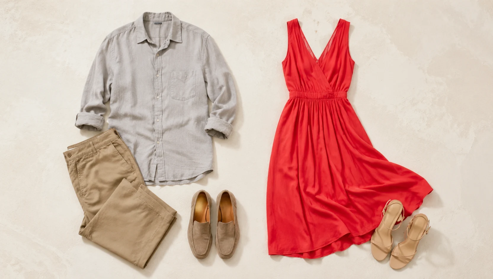 Outfit ideas for colorful embrace on the overcast shore engagement photos