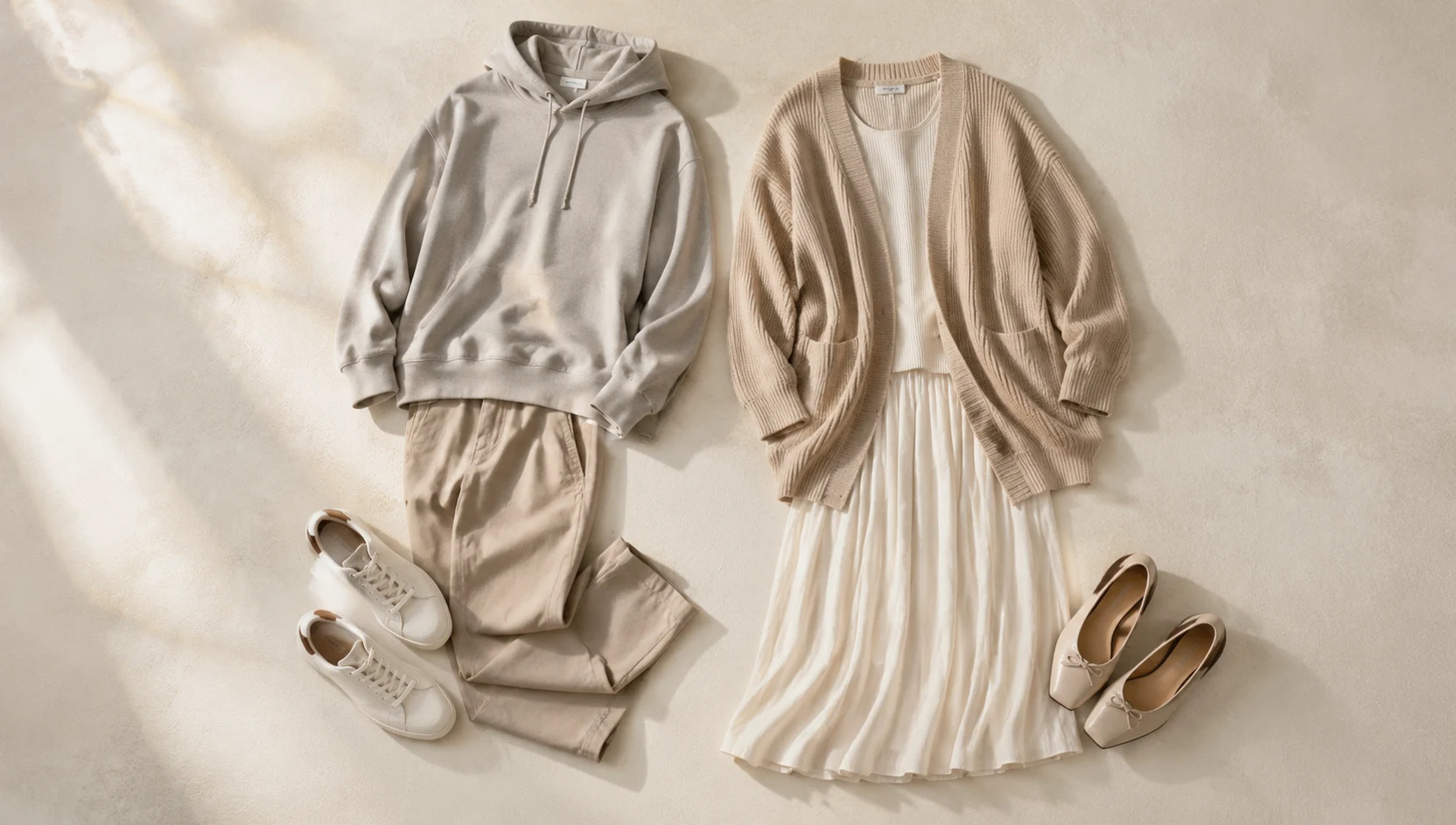 Outfit ideas for couple gazing out overcast gallery window view engagement photos