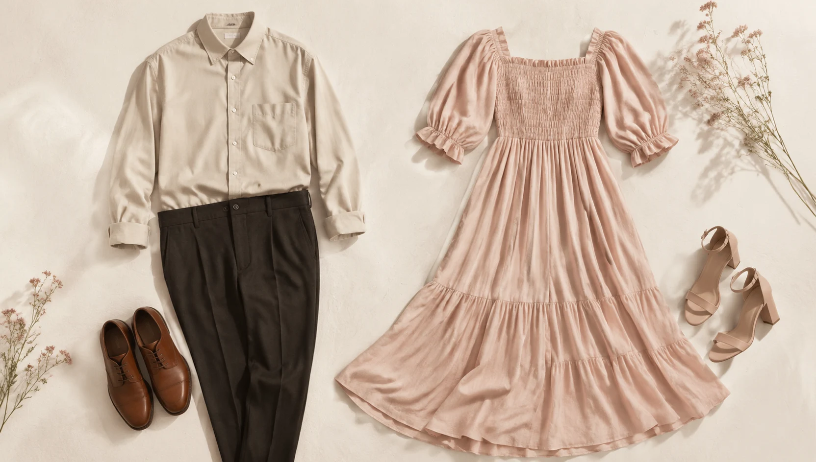 Outfit ideas for morning light through new green leaves engagement photos