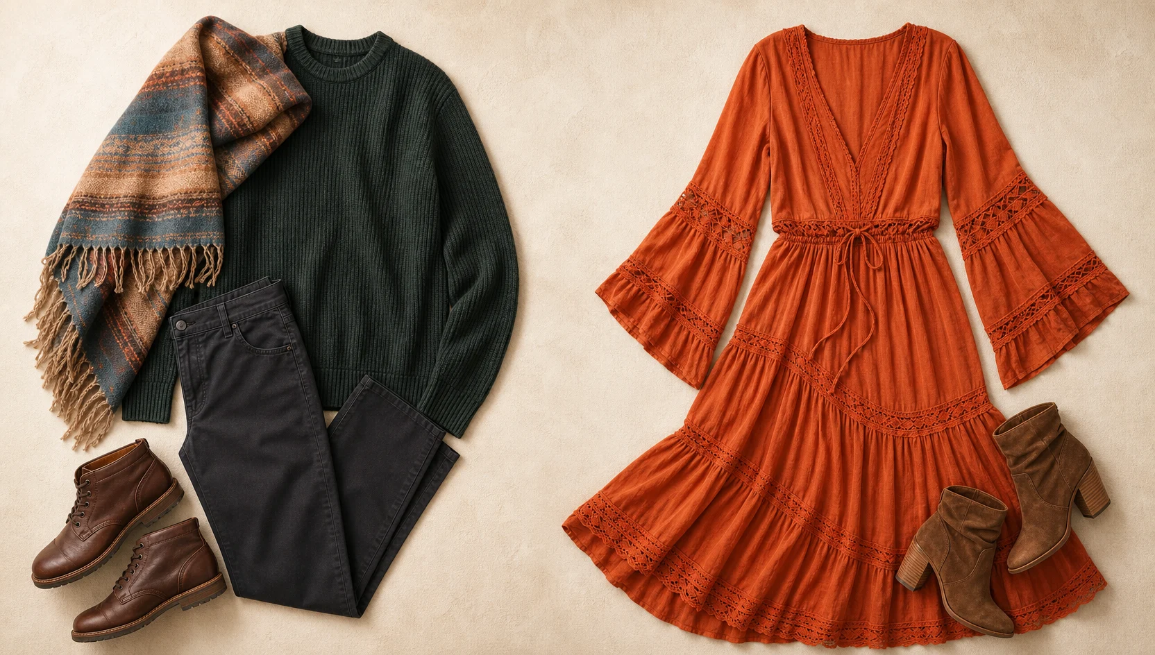 Outfit ideas for cozy seated moment at sunset engagement photos