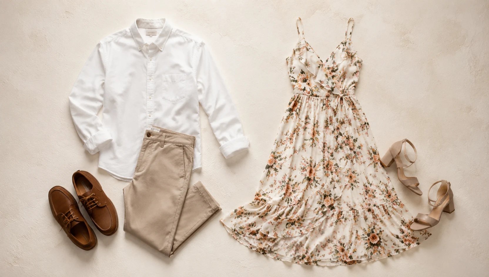 Outfit ideas for dreamy sunset sit on a wildflower-lined road engagement photos