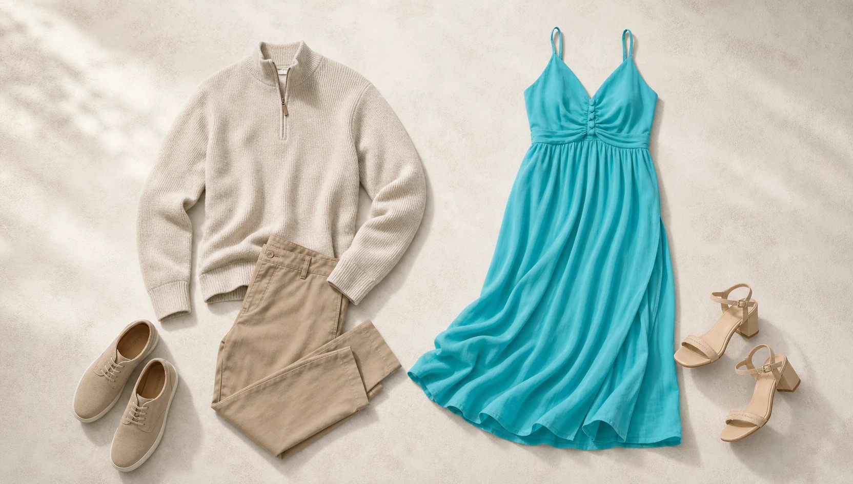 Outfit ideas for driftwood seating with bright dress under overcast sky engagement photos