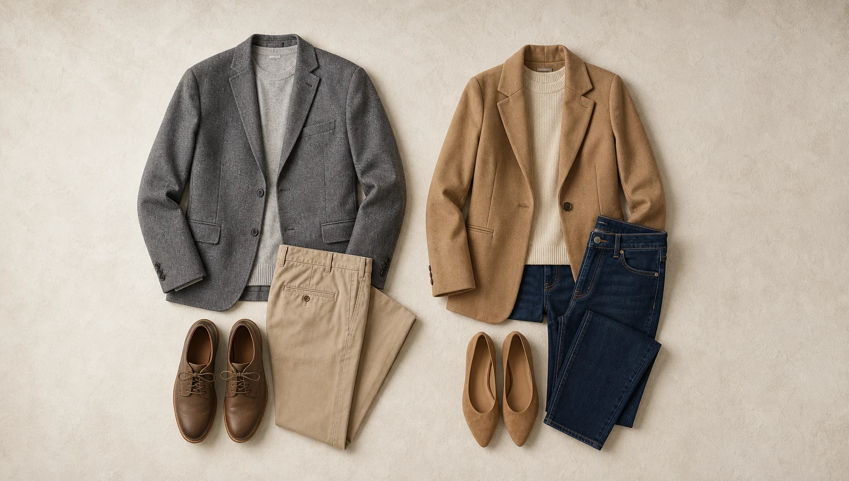 Outfit ideas for side by side facing the horizon engagement photos