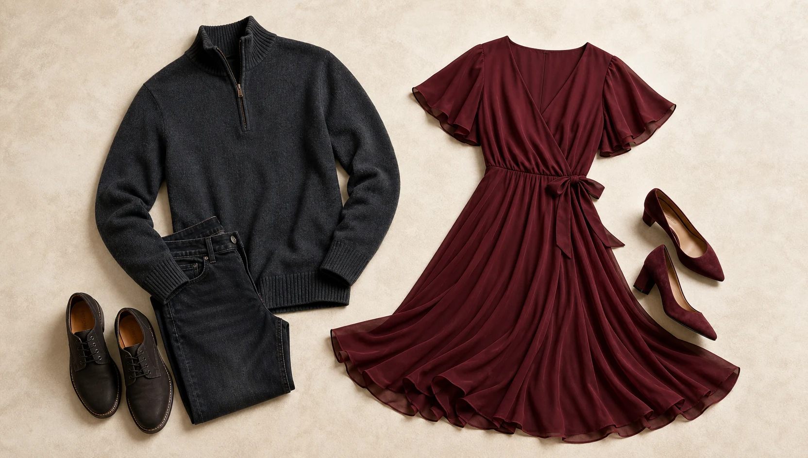 Outfit ideas for forehead touch in autumn golden light engagement photos