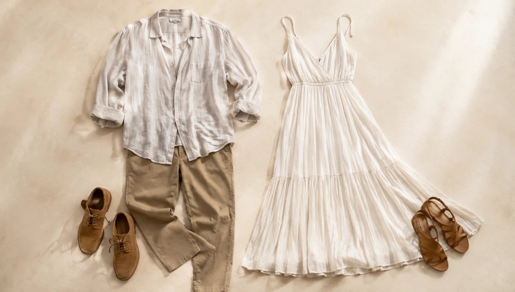 Outfit ideas for foreheads together in gentle waves at sunset engagement photos