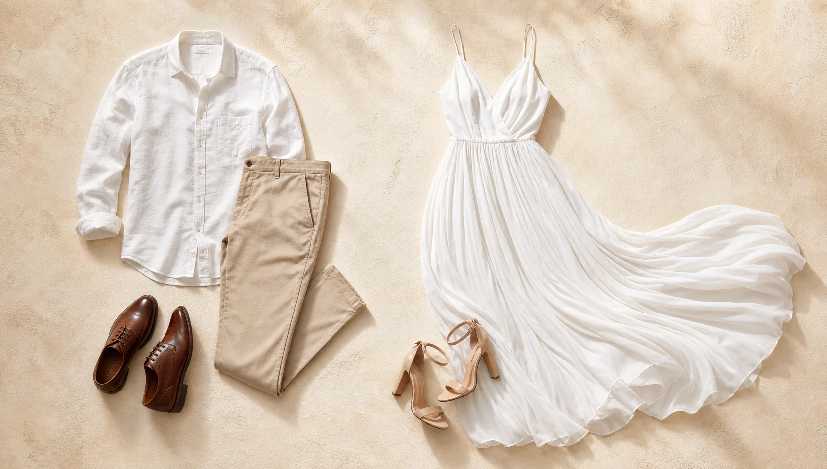 Outfit ideas for forehead-to-forehead backlit by fountain spray engagement photos