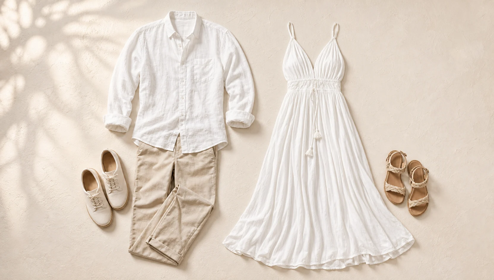 Outfit ideas for forehead touch at golden hour on palm beach engagement photos
