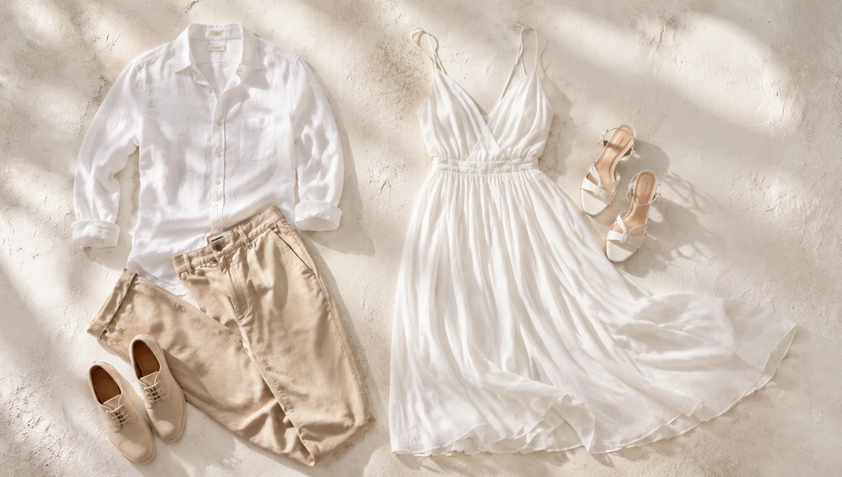 Outfit ideas for forehead touch in golden light at water's edge engagement photos