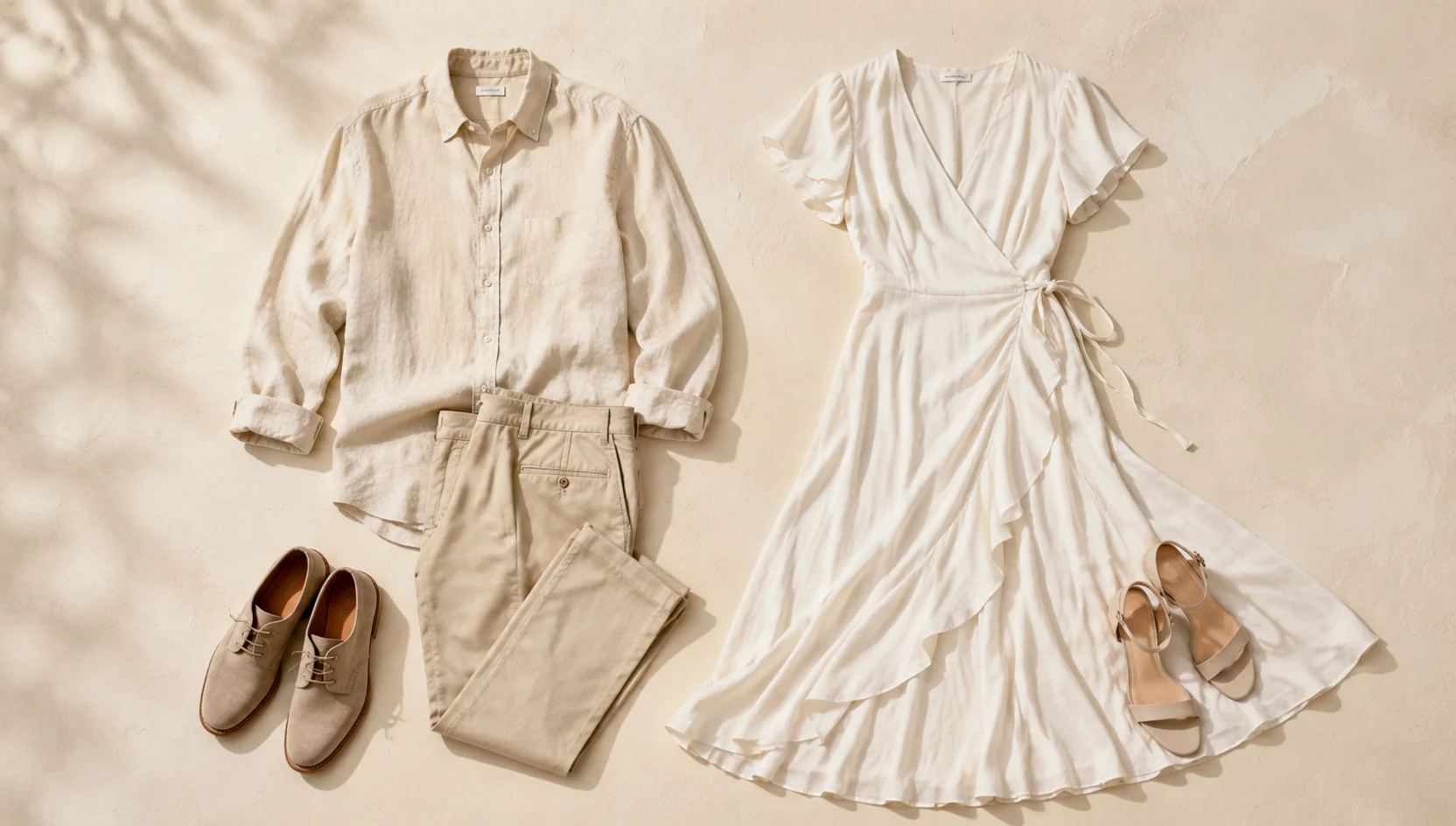 Outfit ideas for tender forehead touch on sunlit park bench engagement photos