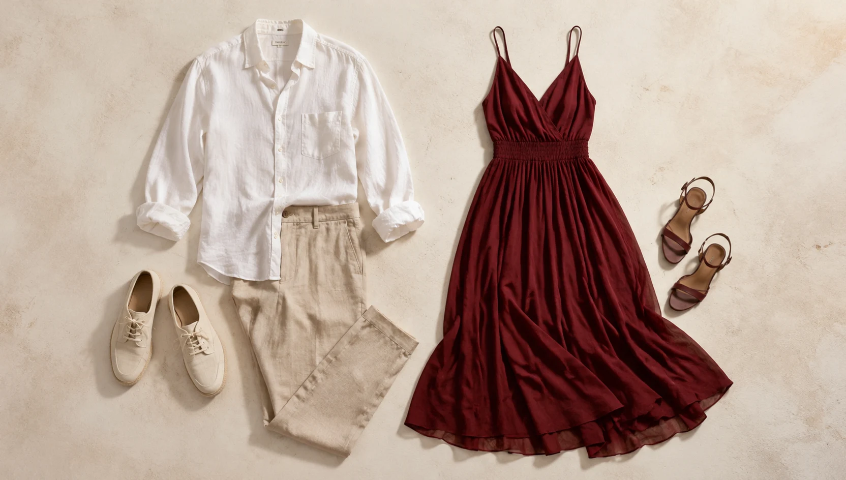 Outfit ideas for forehead touch on wet sand at low sun engagement photos