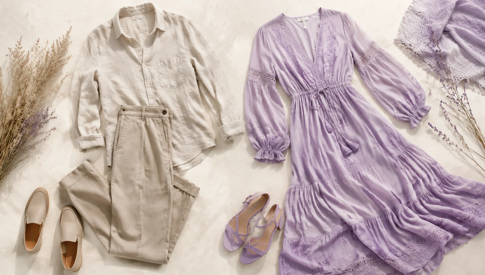 Outfit ideas for foreheads together on misty spring beach at warm sunset engagement photos