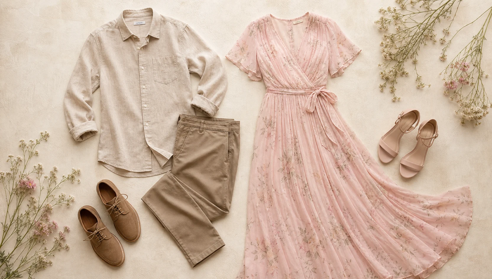 Outfit ideas for morning dew forehead touch in the meadow engagement photos