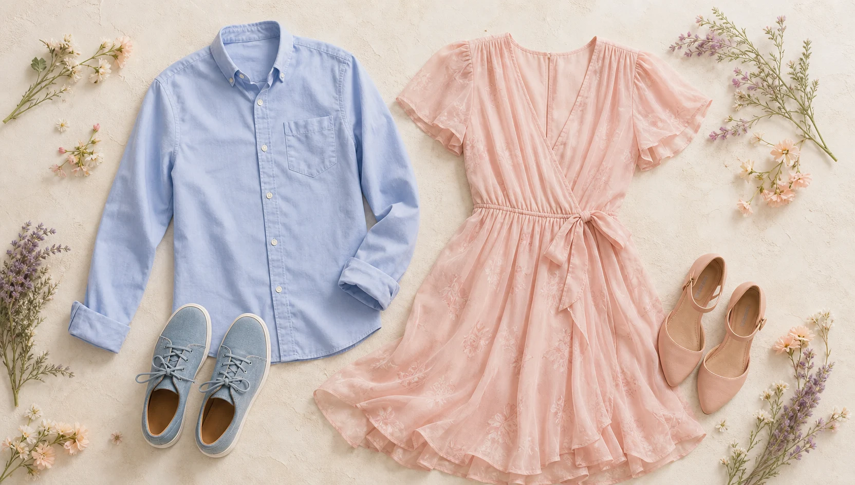 Outfit ideas for forehead touch surrounded by a blooming wildflower meadow engagement photos