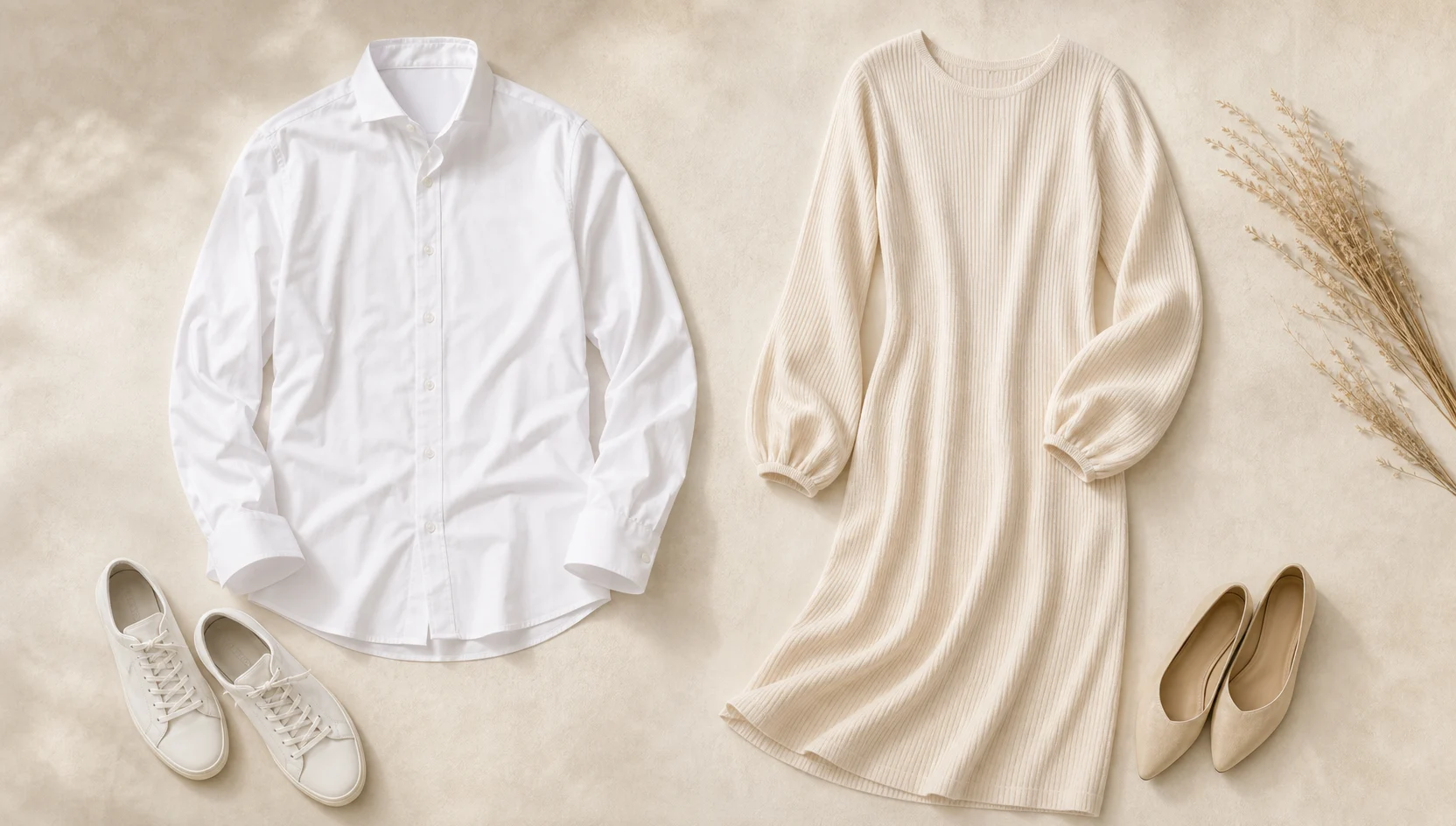 Outfit ideas for forehead to forehead in windswept grass engagement photos