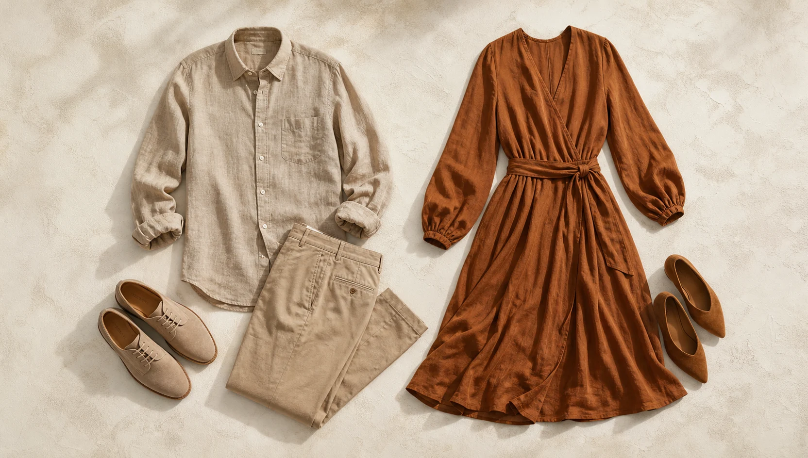 Outfit ideas for together facing the golden horizon engagement photos