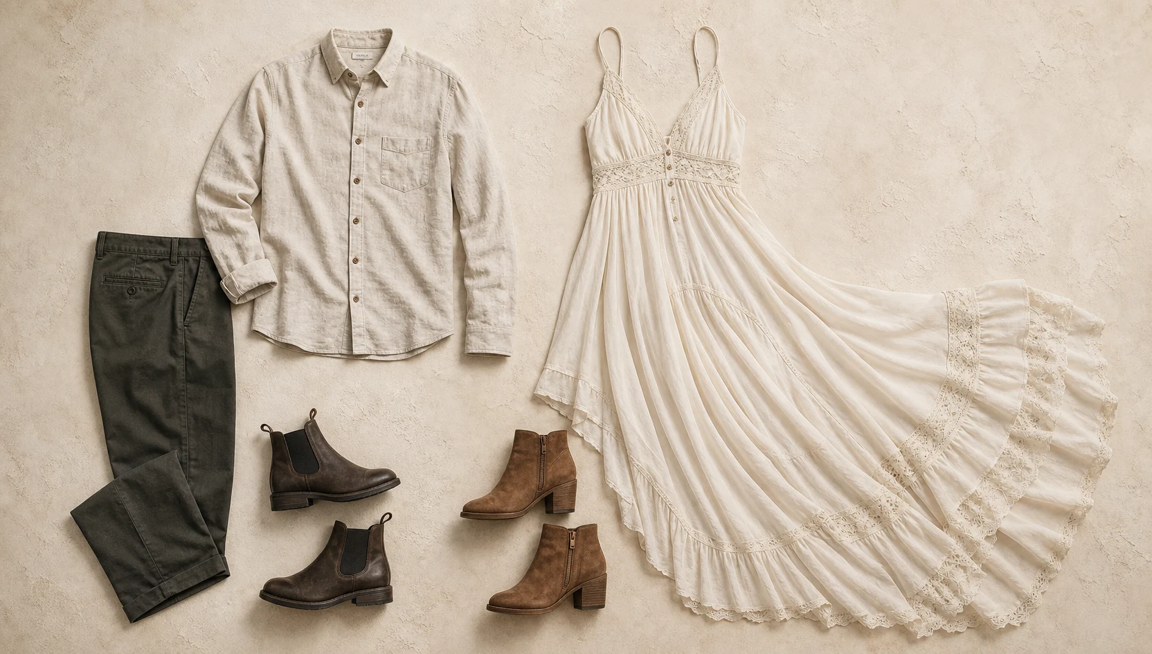 Outfit ideas for boho piggyback ride in dreamy forest clearing engagement photos