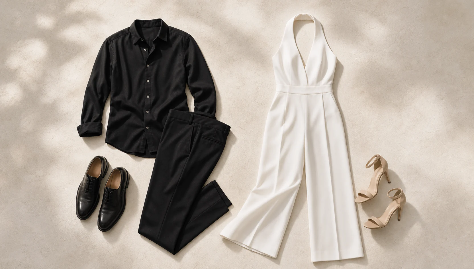 Outfit ideas for editorial sitting portrait under dappled light engagement photos
