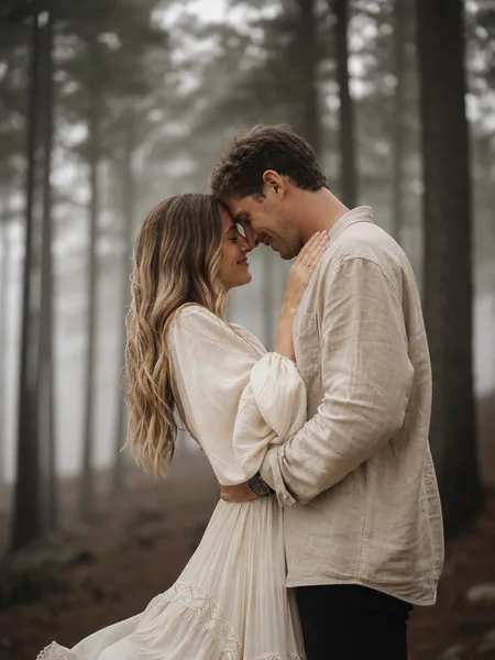 Couple with foreheads touching in foggy pine forest, woman in flowy boho dress, man in linen shirt, engagement photos.