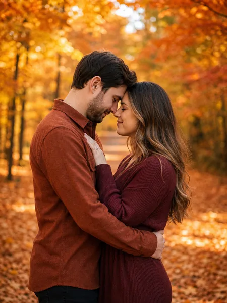 Couple standing with foreheads touching on a forest path covered in autumn maple leaves, surrounded by golden hour light, engagement photos.