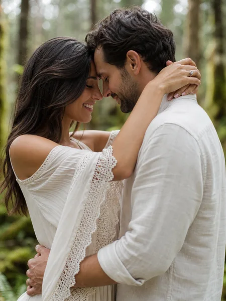 Couple with foreheads touching in a sun-dappled forest clearing, woman in a boho dress, engagement photos.