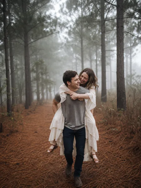 Woman in flowy boho dress getting piggyback ride from man through foggy pine forest, engagement photos.