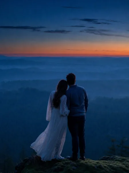 A couple stands on a forest ridge at blue hour, gazing at the horizon, her boho dress flowing, valley behind, engagement photos.